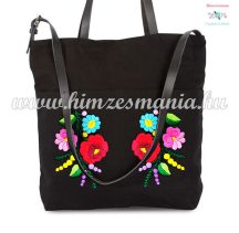   Cotton canvas handbag - folk embroidered - handmade - Kalocsa style - navy