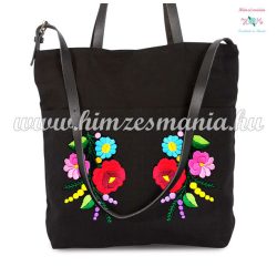   Cotton canvas handbag - folk embroidered - handmade - Kalocsa style - navy