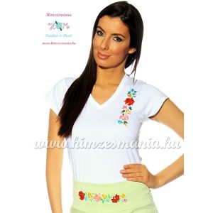 T-shirt V-neck - hungarian folk machine embroidered - Kalocsa style - white