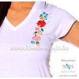 Kalocsai hímzett V nyakú póló - fehér - Hímzésmánia (S, M, L, XL, 2XL)