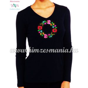 Women's long sleeve V-neck T-shirt - hungarian folk embroidery - Kalocsa style - black