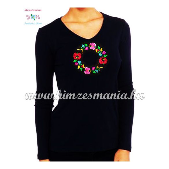 Women's long sleeve V-neck T-shirt - hungarian folk embroidery - Kalocsa style - black