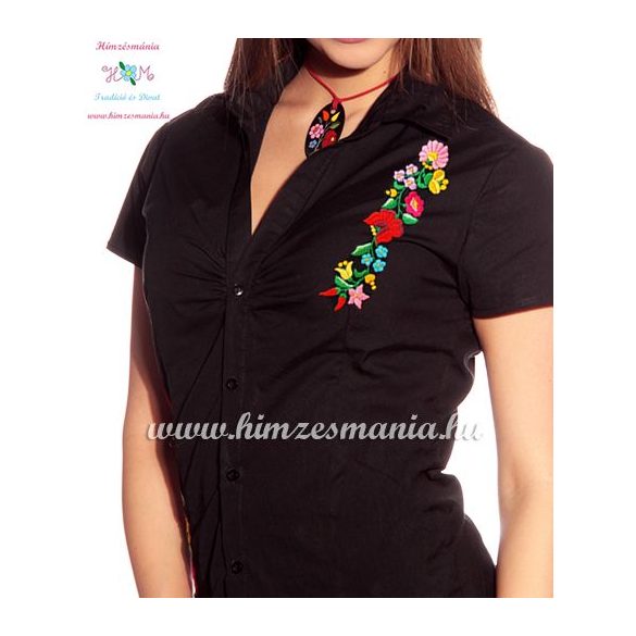 Fekete rövid ujjú női ing kalocsai hímzéssel - Hímzésmánia