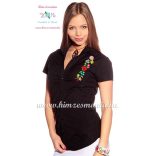 Women's short sleeve shirt - hungarian folk - hand embroidery - Kalocsa motif - black
