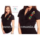 Women's short sleeve shirt - hungarian folk - hand embroidery - Kalocsa motif - black