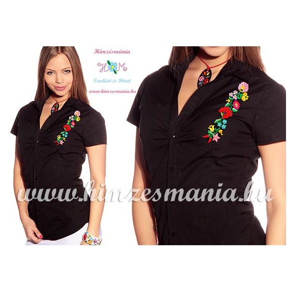 Women's short sleeve shirt - hungarian folk - hand embroidery - Kalocsa motif - black