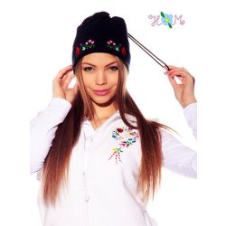   Polar cap - hungarian folk machine-embroidery - Kalocsa style - navy