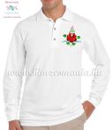  Men's polo shirt - long sleeve - machine embroidery - folk rose - white