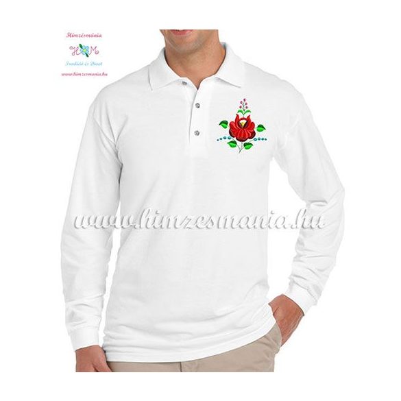 Men's polo shirt - long sleeve - machine embroidery - folk rose - white