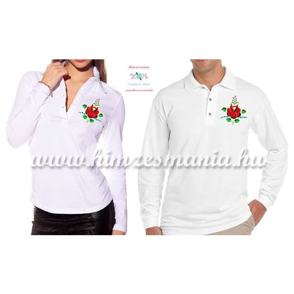 Hosszú ujjú férfi fehér pólóing - kalocsai mintás - gépi hímzés