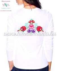  Ladies long sleeve T-shirt - hungarian folk hand embroidered - Kalocsa style - white