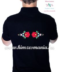 Men's pique polo shirt - folk machine embroidery - Kalocsa style - black - Embroidery Mania