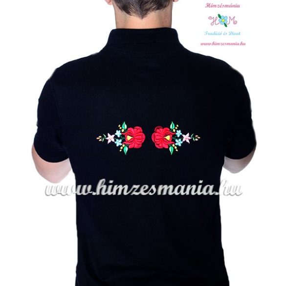 Men's pique polo shirt - folk machine embroidery - Kalocsa style - black - Embroidery Mania