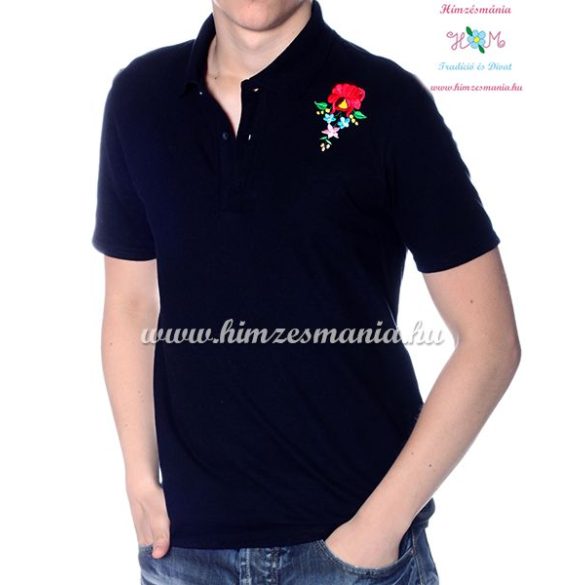 Men's pique polo shirt - folk machine embroidery - Kalocsa style - black - Embroidery Mania