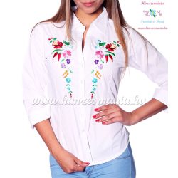   Womens 3/4 sleeve shirt - hungarian folk machine embroidery - Kalocsa design - white