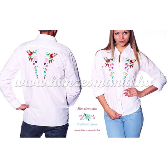 Kalocsai mintás 3/4-es ujjú elején hímzett női ing - Hímzésmánia - fehér