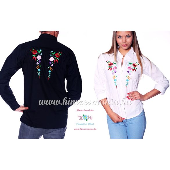 Kalocsai mintás 3/4-es ujjú elején hímzett női ing - Hímzésmánia - fehér