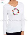   Women's long sleeve V-neck T-shirt - hungarian folk embroidery - Kalocsa style - white