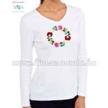 Kalocsai mintás hosszú ujjú női póló - gépi hímzés - fehér 