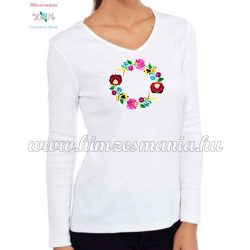   Women's long sleeve V-neck T-shirt - hungarian folk embroidery - Kalocsa style - white