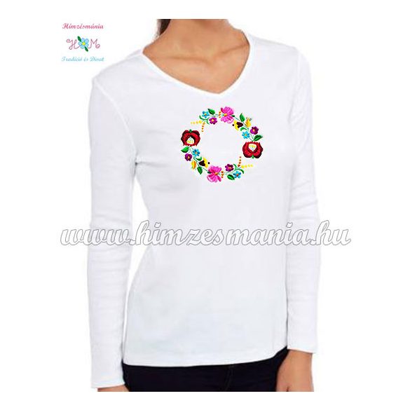 Women's long sleeve V-neck T-shirt - hungarian folk embroidery - Kalocsa style - white