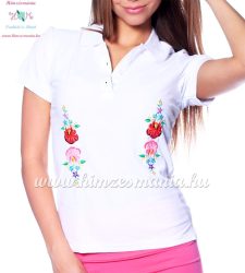 Women polo shirt - hungarian folk  machine embriodery - Kalocsai design - white