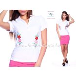 Women polo shirt - hungarian folk  machine embriodery - Kalocsai design - white
