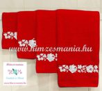 Towel - folk machine embroidered - white Kalocsa motif - red