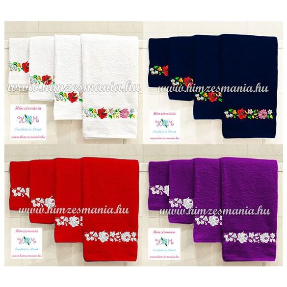 Piros kéztörlő, törölköző, fürdőlepedő fehér kalocsai motívummal - gép hímzés