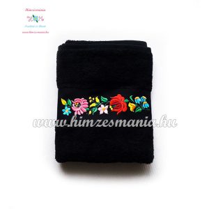 Towel - folk machine embroidered - hungarian Kalocsa motif - black
