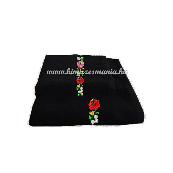 Towel - folk machine embroidered - hungarian Kalocsa motif - black