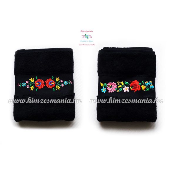 Towel - folk machine embroidered - hungarian Kalocsa motif - black