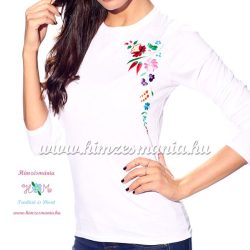   Hosszú ujjú fehér női póló kalocsai hímzéssel - Hímzésmánia