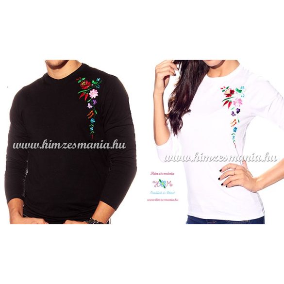 Hosszú ujjú fehér női póló kalocsai hímzéssel - Hímzésmánia