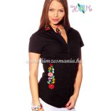Women's short sleeve shirt - hangarian hand embroidery - style Kalocsa - black