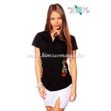 Women's short sleeve shirt - hangarian hand embroidery - style Kalocsa - black