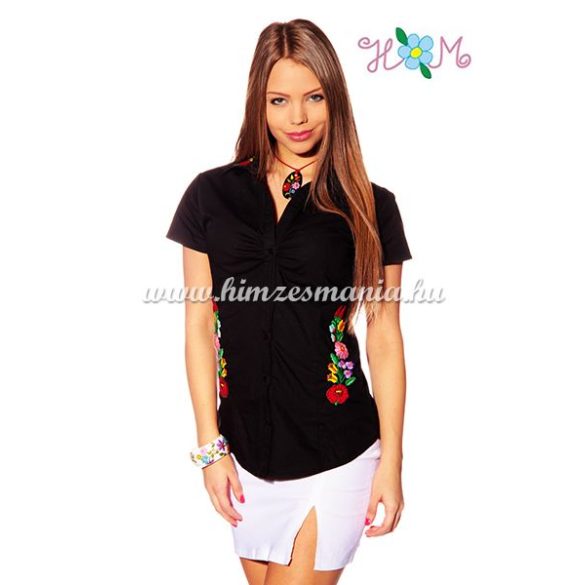 Women's short sleeve shirt - hangarian hand embroidery - style Kalocsa - black