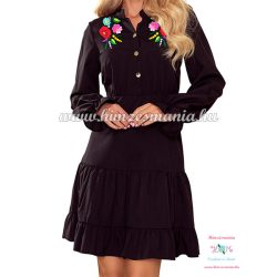   Ruffled women's dress - folk embroidery - Kalocsa style - black