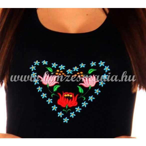Long boxer top - hungarian folk heart machine-embriodery - Kalocsai style - black
