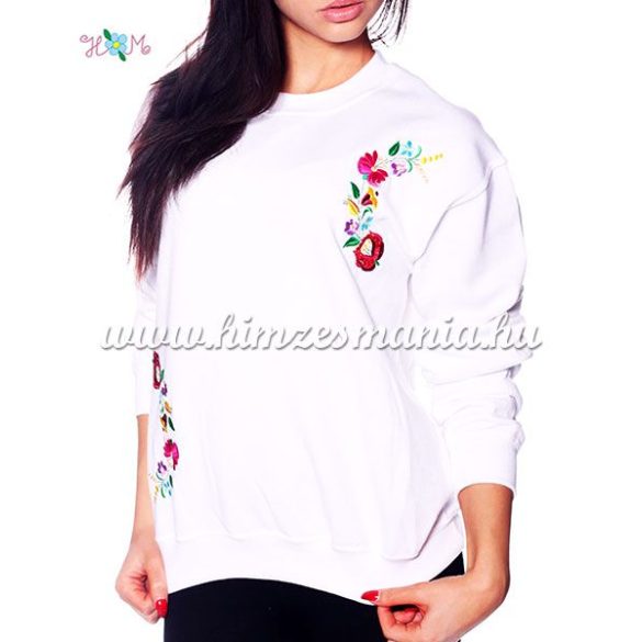 Women sweatshirt - hungarian folk machine embroidery - kalocsai motif - white