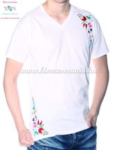   V-neck T-shirt short sleeves - machine embroidy - Kalocsa style Hungary - white