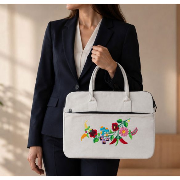 KALOCSAI PATTERN BUSINESS BAG - HAND EMBROIDERY - LIGHT GREY
