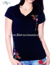 V-neck T-shirt short sleeves - machine embroidy - Kalocsa style Hungary - black V-neck T-shirt short sleeves - machine embroidy - Kalocsa style Hungary - black