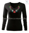 Woman T-shirt - long sleeve - V-neck - hungarian folk hand embroidery - Heart Matyo motif - black Woman T-shirt - long sleeve - V-neck - hungarian folk hand embroidery - Heart Matyo motif - black